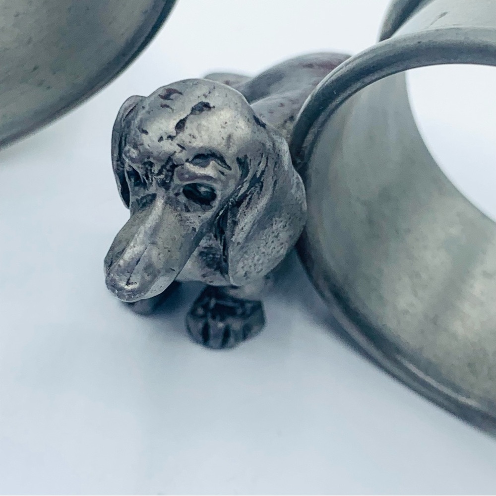 Vintage Pewter Dachshund Figural Napkin Rings Set of 2 Heavy Dog Decor 70's - Picture 2 of 15